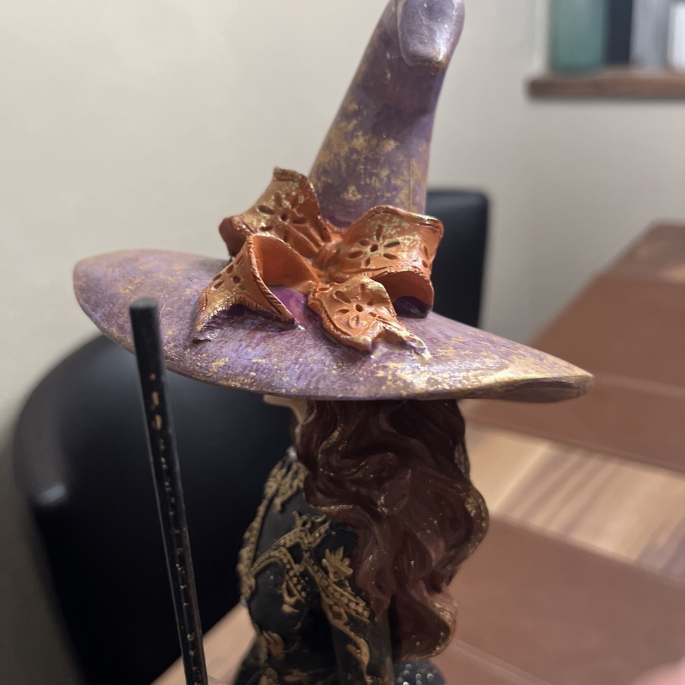 Bella Lux Gothic Witch Figurine Halloween Decor Black Gold Tulle Gown Broom 18in - Picture 8 of 10